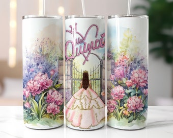 Pink Floral Quinceañera 20oz Tumbler Wrap, Quinceanera Skinny Tumbler PNG, Mis Quince Anos Png, Latina Cumpleanos, Pink Tumbler