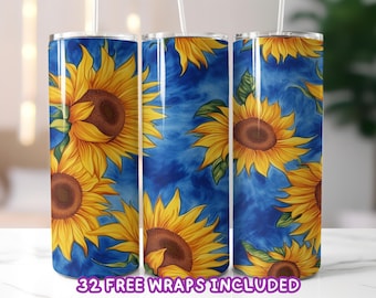 Sunflower Tumbler Wrap PNG, Blue Sky Sublimation Design, 20oz Tumbler Wrap, Country Farmhouse Tumbler Wrap, Floral Digital Download