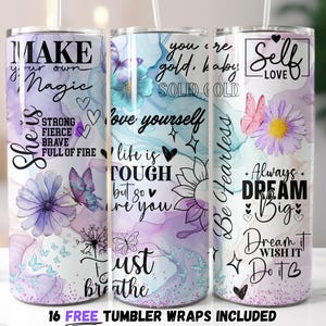 Inspirierender Tumbler Wrap, Positive Affirmationen PNG, motivierendes Sublimationsdesign, 20 Unzen Skinny Tumbler Wrap, Selbstliebe-Zitat Tumbler
