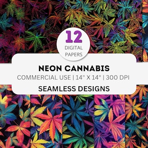 Neon Cannabis Digital Paper, Seamless Psychedelic Marijuana Leaf Patterns, Trippy Botanical Backgrounds, Stoner Aesthetic Digital Textures