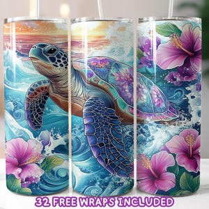 Envoltura para vaso con diseño de tortuga marina floral / Sublimación oceánica PNG / Diseños rectos y cónicos de 20 oz / Descarga instantánea