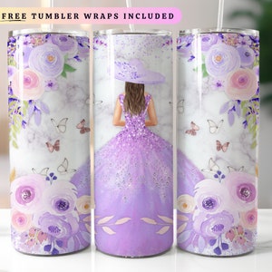 Envoltorio para vaso de 20 oz Mis Quince Anos en color rosa y lila, vaso delgado para quinceañera PNG, Mis Quince Anos Png, Latina Cumpleanos, Envoltorio para vaso rosa