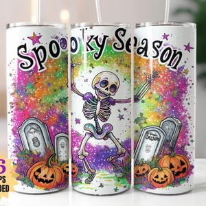 Emballage de gobelet squelette Spooky Season PNG pour sublimation – 20 oz droit et conique – Halloween en téléchargement numérique avec des motifs en prime