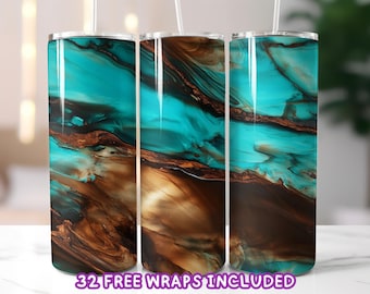 Turquoise and Wood Tumbler Wrap PNG, Resin Ocean Tumbler Sublimation, Teal and Brown Marble Swirl, 20oz Skinny Tumbler Digital Download