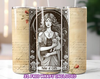 Vintage Mother of Cats Tumbler Wrap PNG, Boho Cat Mom Sublimation Design, 20oz Skinny Tumbler Digital Wrap, Celestial Cat Lady Art