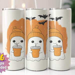 Emballage pour gobelet mignon Coffee Ghosts | Sublimation d'Halloween PNG | Options de bords droits et coniques | 16 emballages en prime inclus