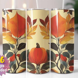 Papier pour verres rétro avec feuilles d'automne | Sublimation PNG | Design d'automne moderne Mid-Century | Droit et conique | Comprend 16 emballages gratuits en prime