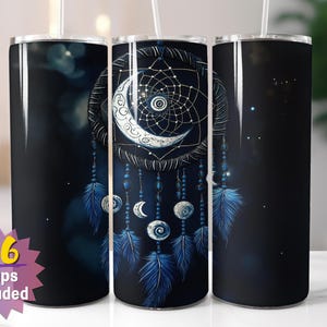 Emballage pour gobelet attrape-rêves céleste | Sublimation lune et plume PNG | 16 designs en prime | Bord droit et effilé