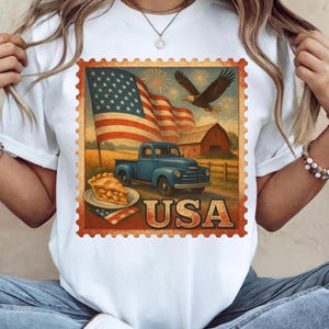 Vintage USA PNG – Patriotyczny projekt sublimacji z amerykańską flagą, orłem, stodołą, ciężarówką i szarlotką na 4 lipca – rzemiosło i dekoracje