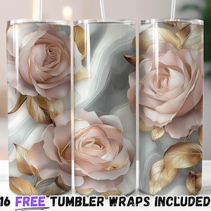 Blush Pink Roses and Gold Tumbler Wrap | Elegant Floral Sublimation PNG | 20oz Straight & Tapered Designs | Instant Download