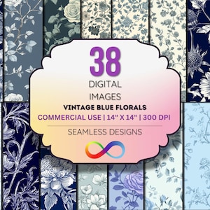 Vintage Blue Floral Digital Paper – Navy Rose Backgrounds, Engraved Pattern Pack, Scrapbooking & Sublimation Design Set