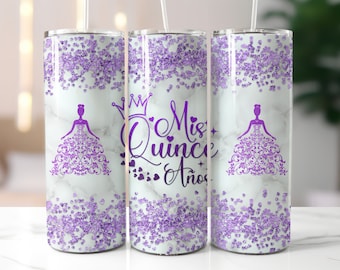 Purple Mis Quince Anos 20oz Tumbler Wrap, Quinceanera Skinny Tumbler PNG, , Mis Quince Anos Png, Latina Cumpleanos