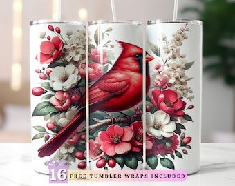 Red Cardinal Bird Floral 20oz Skinny Tumbler Wrap, Tumbler Sublimation Design, Instant Digital Download PNG, Straight & Tapered Tumbler Wrap