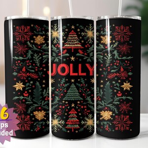 Emballage pour verres de Noël Jolly | Sublimation PNG | Motif festif inspiré de la broderie | Droit et conique | Comprend 16 emballages gratuits en prime