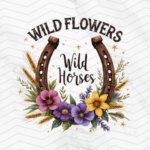 Wilde Blumen Wilde Pferde PNG, Western Blumenhufeisen PNG, Land Boho Sublimationsdesign, rustikale Pferdeliebhaber Clipart