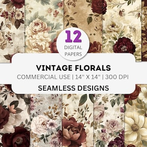 Carta digitale floreale vintage, rose bordeaux e crema, eleganti sfondi shabby chic, motivi romantici senza soluzione di continuità, download immediato