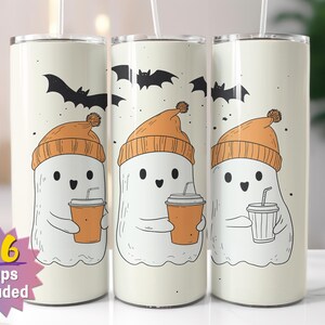 Emballage pour gobelet mignon Coffee Ghosts | Sublimation d'Halloween PNG | Options de bords droits et coniques | 16 emballages en prime inclus