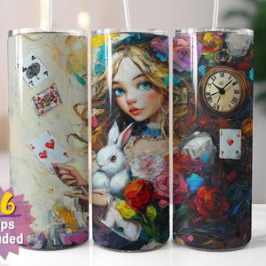Emballage pour verres Whimsical Wonderland | Sublimation d'Alice au pays des merveilles PNG | Options de bords droits et coniques | 16 emballages en prime inclus