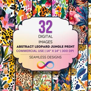 Abstract Leopard Jungle Digital Paper, Seamless Safari Floral Backgrounds, Hand-Painted Animal Print Patterns, JPEG, 300 DPI, Commercial Use