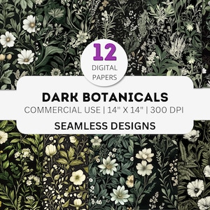 Papel digital botánico oscuro, patrón floral vintage sin costuras, 12 JPG, 4K, 300 DPI, elegantes hojas negras y verdes, fondo de naturaleza gótica