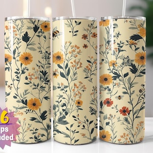 Emballage vintage pour verres à fleurs avec abeilles | Sublimation inspirée de la nature PNG | Options de bords droits et coniques | 16 emballages en prime inclus