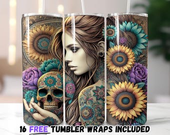 Boho Sunflower Skull Tumbler Wrap | Sublimation PNG Design | 20oz Straight & Tapered | Instant Download