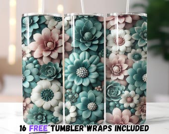 Pastel Floral Tumbler Wrap PNG, Elegant Succulent and Flower 20oz Skinny Tumbler Sublimation Design, Digital Download