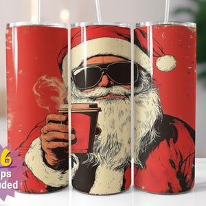 Papier pour verres Père Noël cool | Sublimation PNG | Conception rétro de café de Noël | Droit et conique | Comprend 16 emballages gratuits en prime