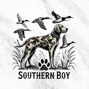Cão de Caça Menino do Sul PNG | Cão de Camuflagem com Patos Clipart | Fundo Transparente para Camisetas, Decalques e Projetos de Sublimação