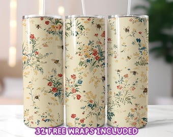 Vintage Bee and Wildflower Tumbler Wrap PNG, Cottagecore Floral Tumbler Sublimation, Rustic Nature Aesthetic 20oz Skinny Tumbler Wrap