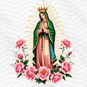 Nostra Signora di Guadalupe PNG / Arte digitale religiosa con rose e raggi dorati / Clipart con sfondo trasparente per sublimazione e artigianato