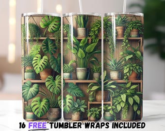 Indoor Jungle Tumbler Wrap PNG, Lush Greenery and Potted Plants 20oz Skinny Tumbler Sublimation Design, Digital Download