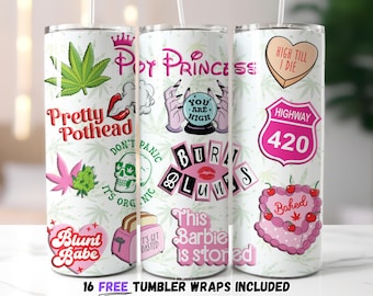 Retro 420 Tumbler Wrap PNG, Stoner Babe Sublimation Design, Digital Download, Weed Sticker Collage Tumbler Wrap, Cute Girly Cannabis Cup PNG