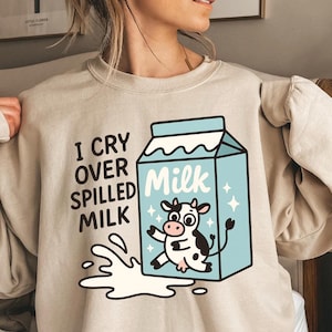 I Cry Over Spilled Milk PNG – Funny Cartoon Cow in Milk Carton Sublimation Clipart – Transparent Background for Sublimation and Crafting
