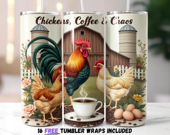 Chickens Coffee & Chaos Farmhouse Tumbler Wrap | Country Rooster and Coffee Beans Digital Download | Rustic Sublimation PNG
