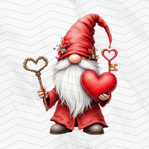 Gnomo romántico del día de San Valentín PNG Descarga digital, diseño de gnomo de corazón rojo con llave y fondo transparente, archivo de sublimación para manualidades