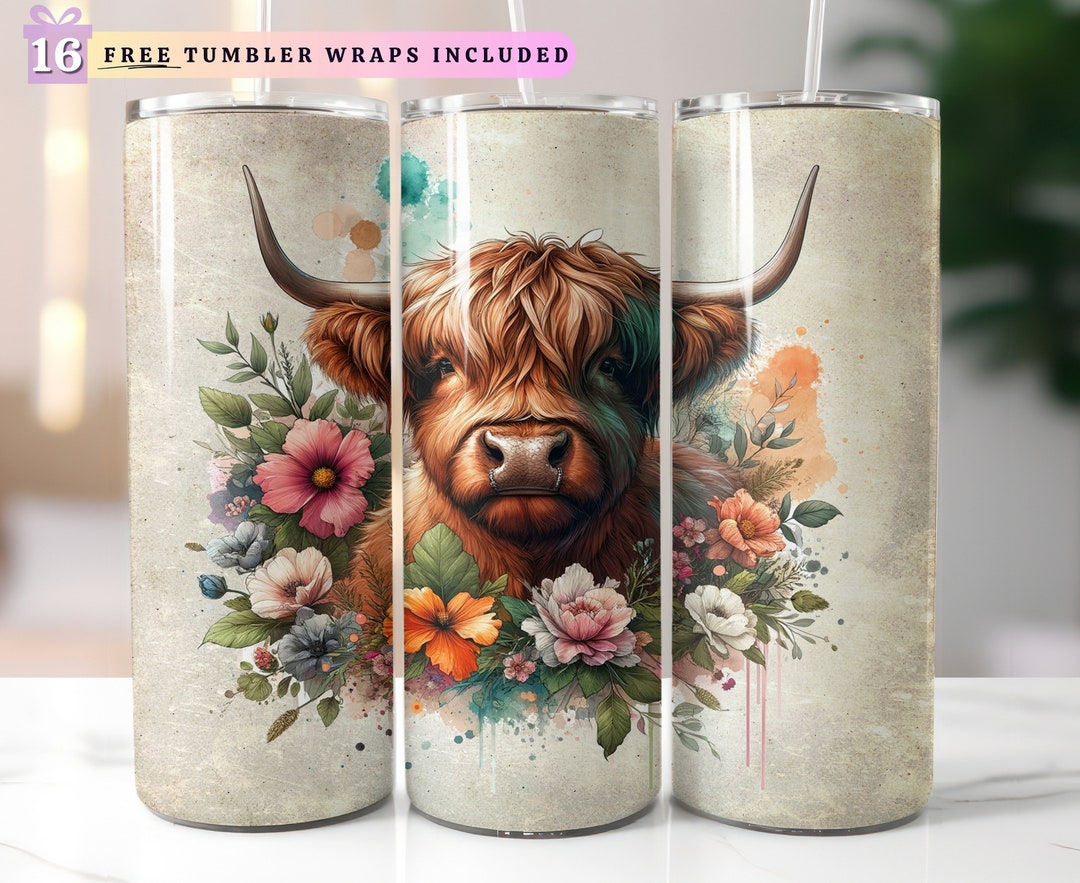 Highland Cow Floral 20oz Skinny Tumbler Wrap, Sublimation Design ...