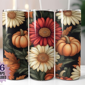 Papier pour verres citrouilles et marguerites - Sublimation florale d'automne PNG | 16 designs d'emballage en prime gratuits | Téléchargement numérique