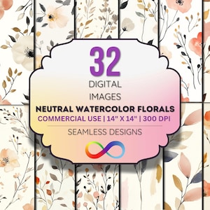 Neutral Watercolor Floral Digital Paper Bundle - 32 Seamless Beige & Blush Backgrounds, 300 DPI, Instant Download, Commercial Use