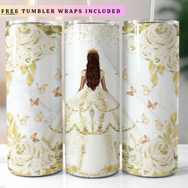 Gold Floral Quinceañera 20oz Tumbler Wrap, Mis Quince Años Skinny Tumbler PNG, Mis Quince Anos Png, Latina Cumpleanos, Gold Tumbler Wrap