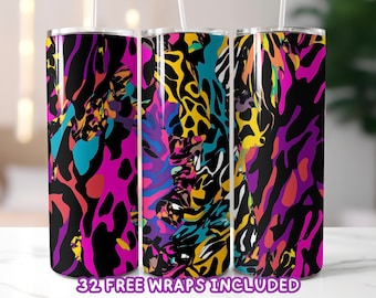 Neon Animal Print Tumbler Wrap PNG, 20oz Skinny Tumbler Sublimation, Digital Download, Abstract Colorful Safari Pattern, Tapered & Straight