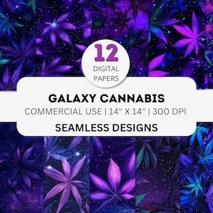 Galaxy Cannabis Digital Paper, Seamless Cosmic Weed Leaf Patterns, Trippy Space Backgrounds, Psychedelic Stoner Digital Textures