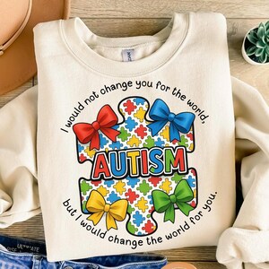 Autism Awareness Puzzle Piece PNG-bundel met kleurrijke strikken – Inspirerend sublimatieontwerp met witte en zwarte tekst voor shirts en meer