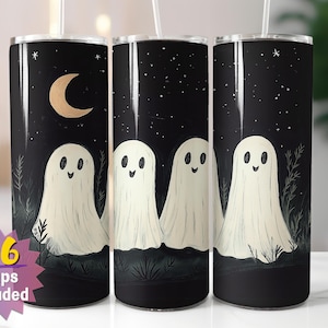 Emballage pour gobelet Fantômes mignons sous la lune | Sublimation d'Halloween PNG | Options de bords droits et coniques | 16 emballages en prime inclus