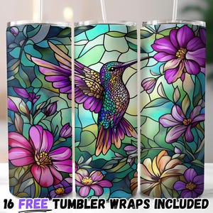 de papier peint pour verre Colibri en fleurs | 20 oz sublimation PNG | Art floral en vitrail | Téléchargement instantané + designs bonus