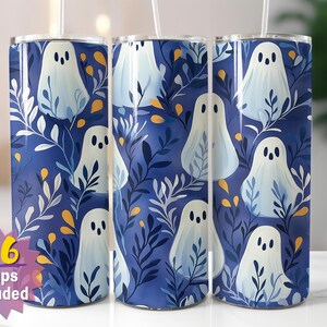 Emballage pour gobelet Fantômes fantaisistes | Sublimation PNG | Design d'Halloween feuillu bleu | Droit et conique | Comprend 16 emballages gratuits en prime