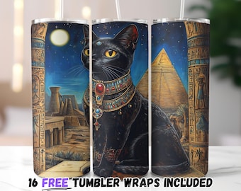 Egyptian Black Cat Tumbler Wrap | Ancient Egypt Sublimation PNG | 20oz Straight & Tapered | Instant Download