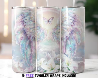 Envoltorio para vaso con alas de ángel cristianas / Envoltorio para vaso con alas de ángel celestiales / Mariposas pastel y lirio blanco Descarga digital