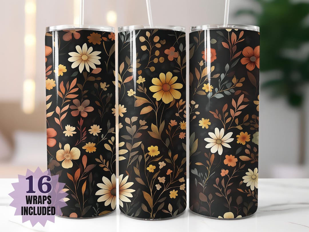Dark Autumn Floral Tumbler Wrap - Elegant Fall Flowers Sublimation PNG ...