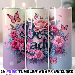 Boss Lady Becher Wrap Design | Sublimation PNG | Elegantes Blumen Thema Schmetterlinge Digitaler Download